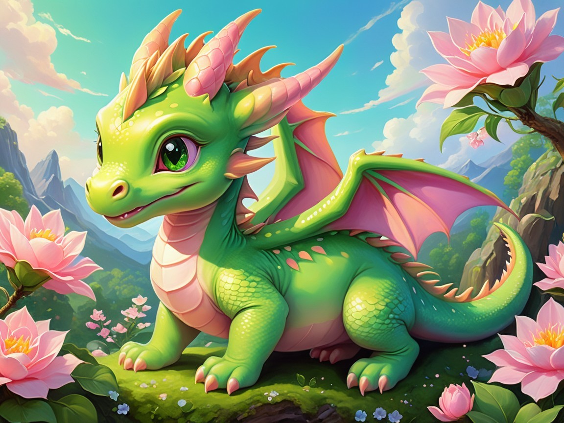 Chubby Green Dragon on Grassy Hill with Lotus Flowers