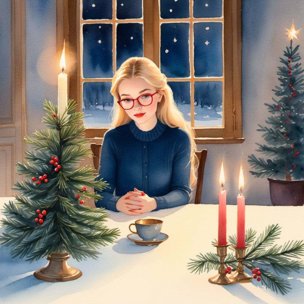 Watercolor of a young woman at a table with decor