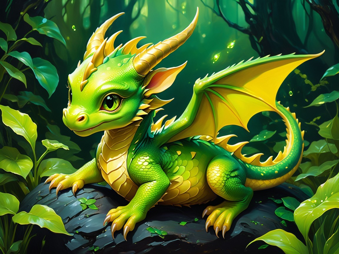 Vibrant Green Dragon in Enchanted Forest Setting