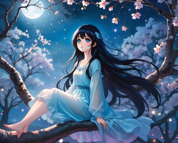 Young girl in blue nightgown under starry sky