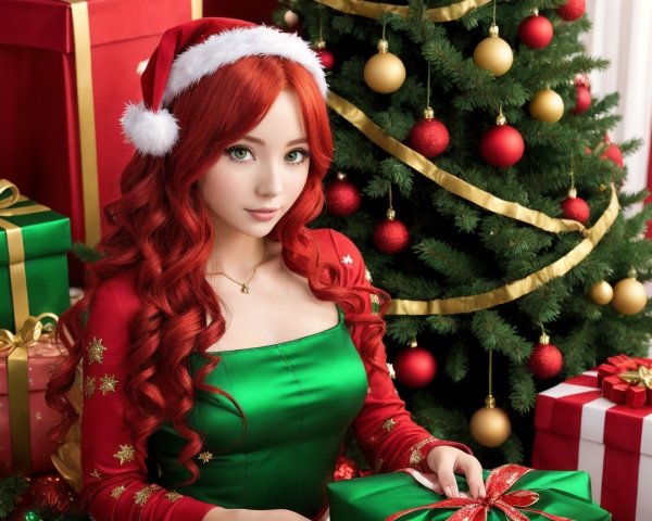 Festive Portrait of a Young Woman in Christmas Attire