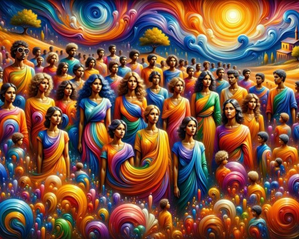 Surreal Landscape with Colorful Robed Individuals