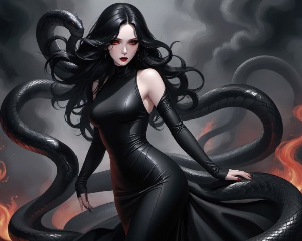 Mysterious Figure in Black Dress with Ominous Backdrop