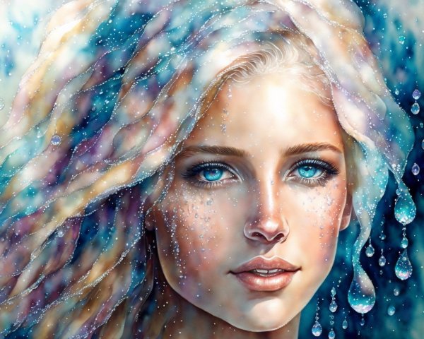 Close-up of a young woman with blue eyes and wavy hair