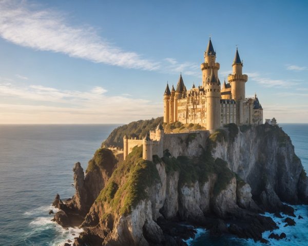 Castle on Cliff Overlooking Ocean with Lush Greenery