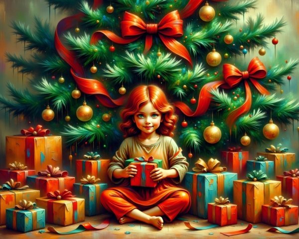 Redheaded Girl Surrounded by Christmas Presents and Tree