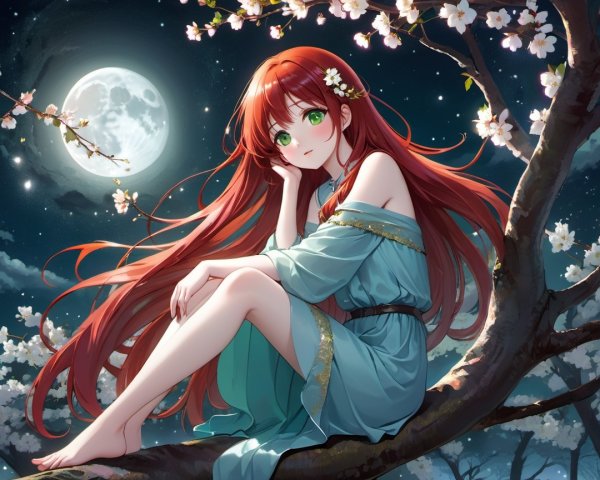 Young girl in tree with cherry blossoms and moonlight