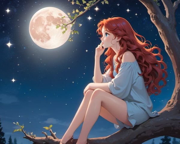Girl with Red Hair on Tree Branch Under Full Moon