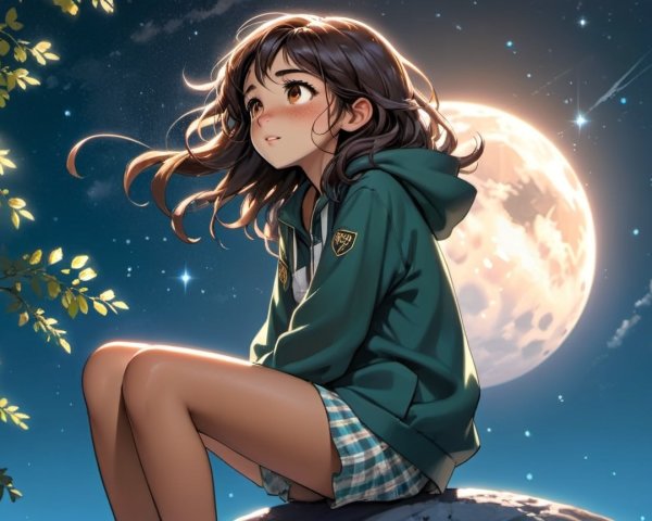 Young girl in green hoodie under starry night sky
