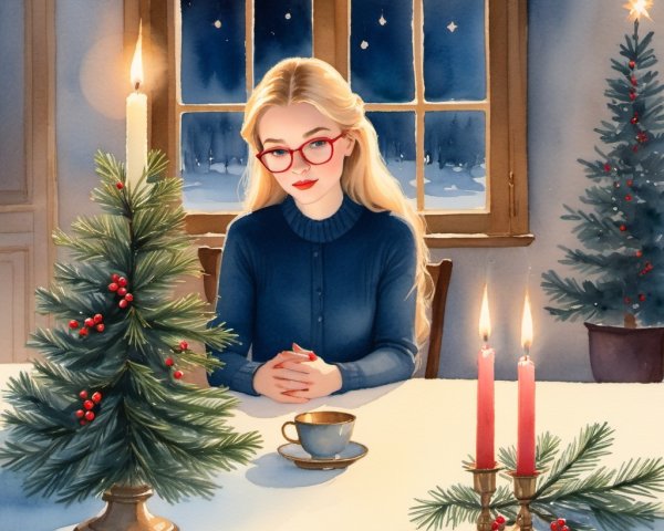 Watercolor of a young woman at a table with decor