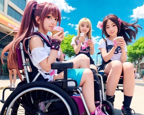 Young women in wheelchairs enjoying ice cream outdoors