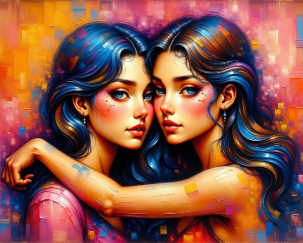 Young Women Embracing in Colorful Abstract Art
