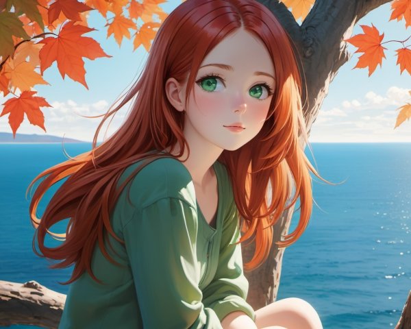 Young girl with red hair in autumn tree setting