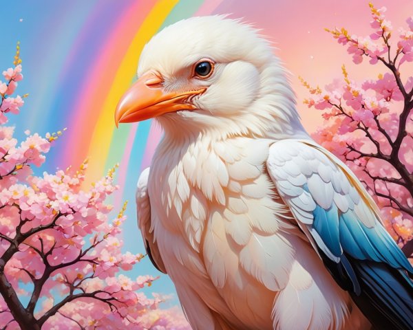 Vivid Bird Amid Cherry Blossoms and Rainbow Sky