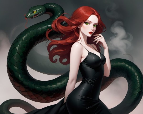 Elegant Woman in Black Dress with Green Serpent