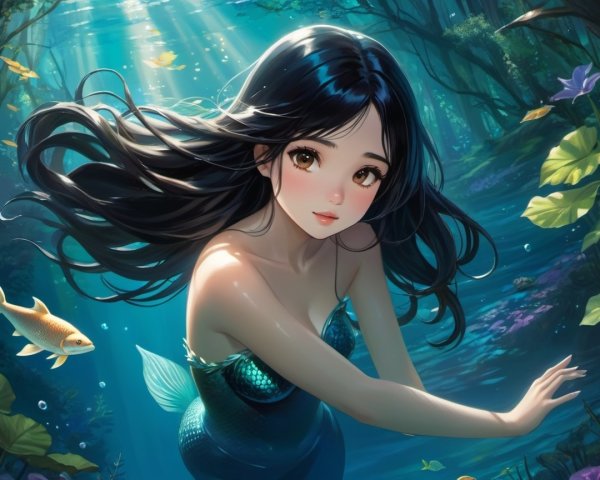 Mermaid with Black Hair in Vibrant Underwater Scene