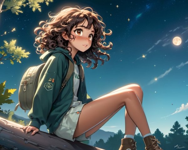 Young girl on tree branch under starry night sky