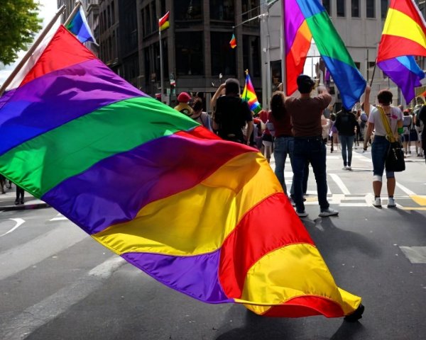 Vibrant Pride Parade Scene with Rainbow Flags and Diversity