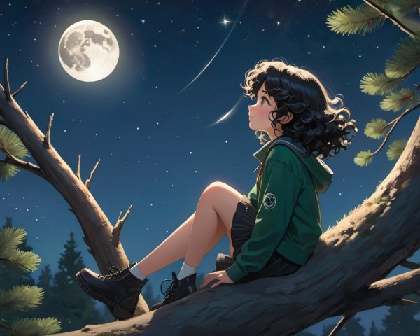 Young Person on Tree Branch Under Moonlit Sky