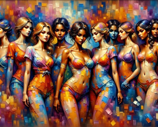 Vibrant Mosaic of Nine Female Figures in Swimsuits
