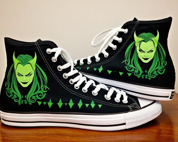 Black Canvas High-Top Sneakers with Green Designs