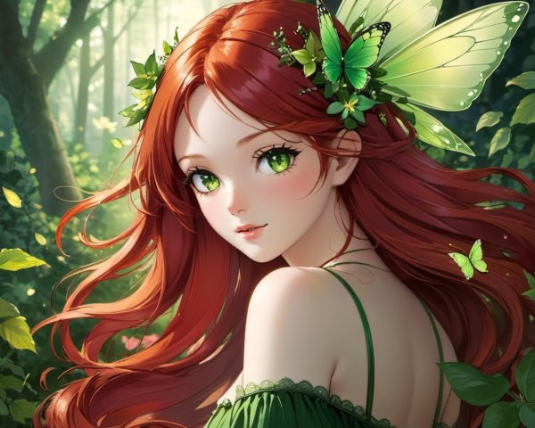 Young woman in green dress in a sunlit forest