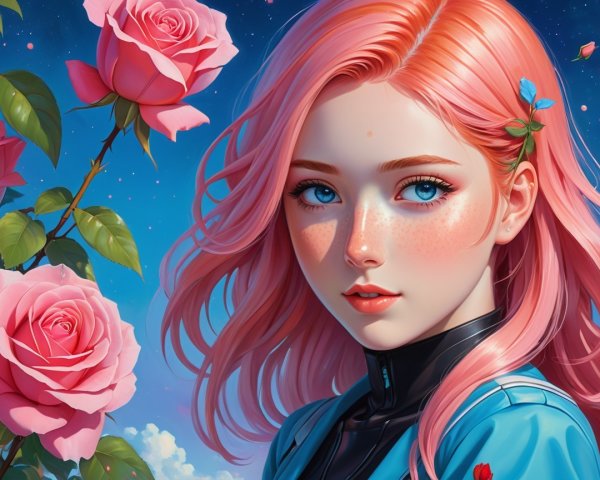 Portrait of a young woman with blue eyes and pink hair