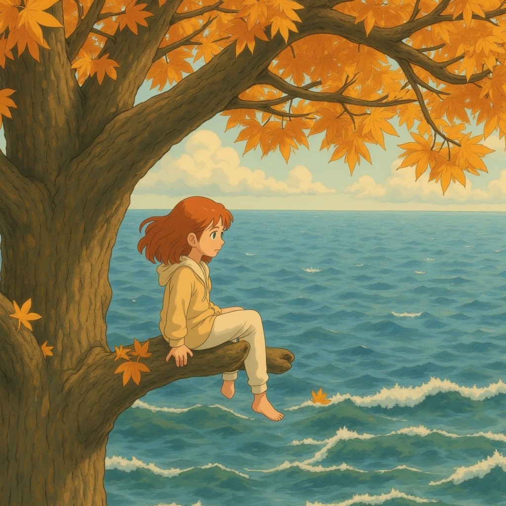 Young girl on a branch of an orange maple tree
