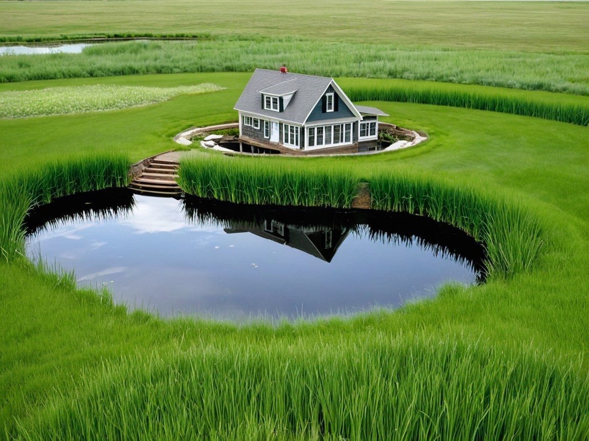 Charming House on Circular Island with Serene Pond