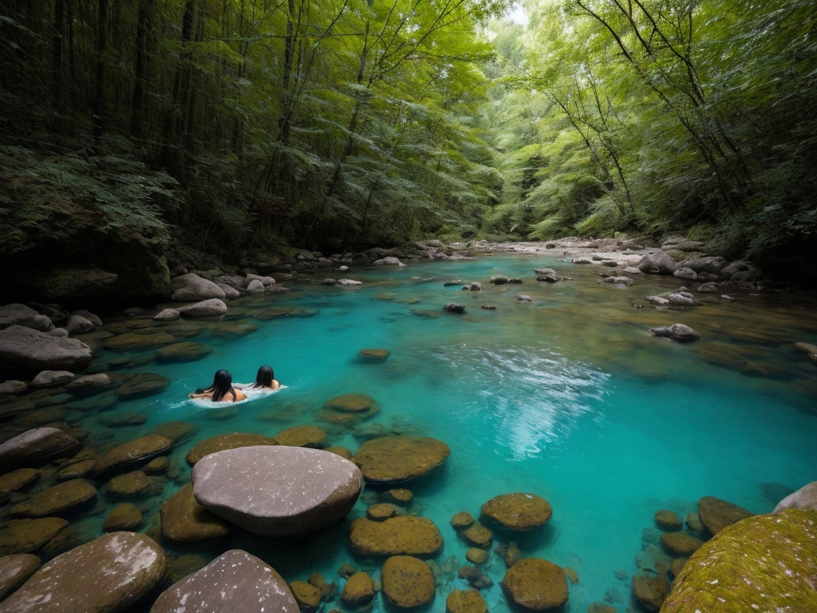 Tranquil Forest Stream with Lush Greenery and Sunlight