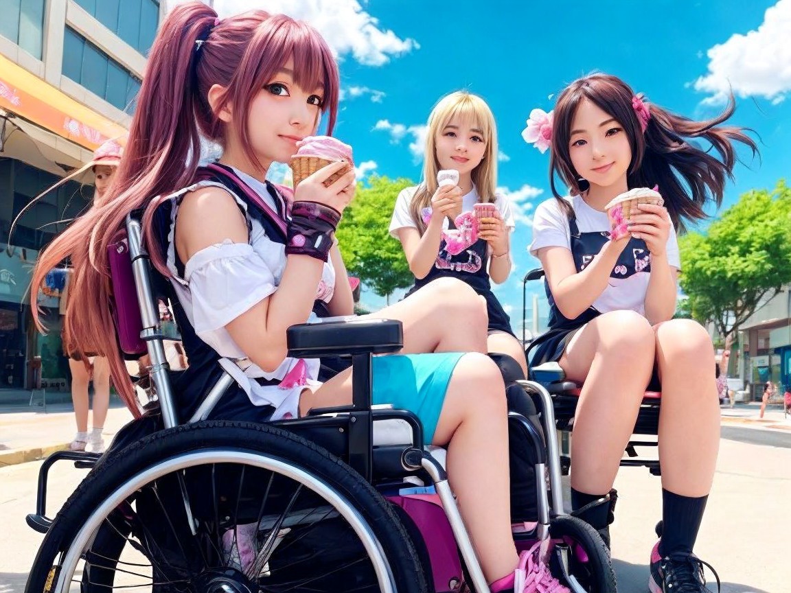 Young women in wheelchairs enjoying ice cream outdoors