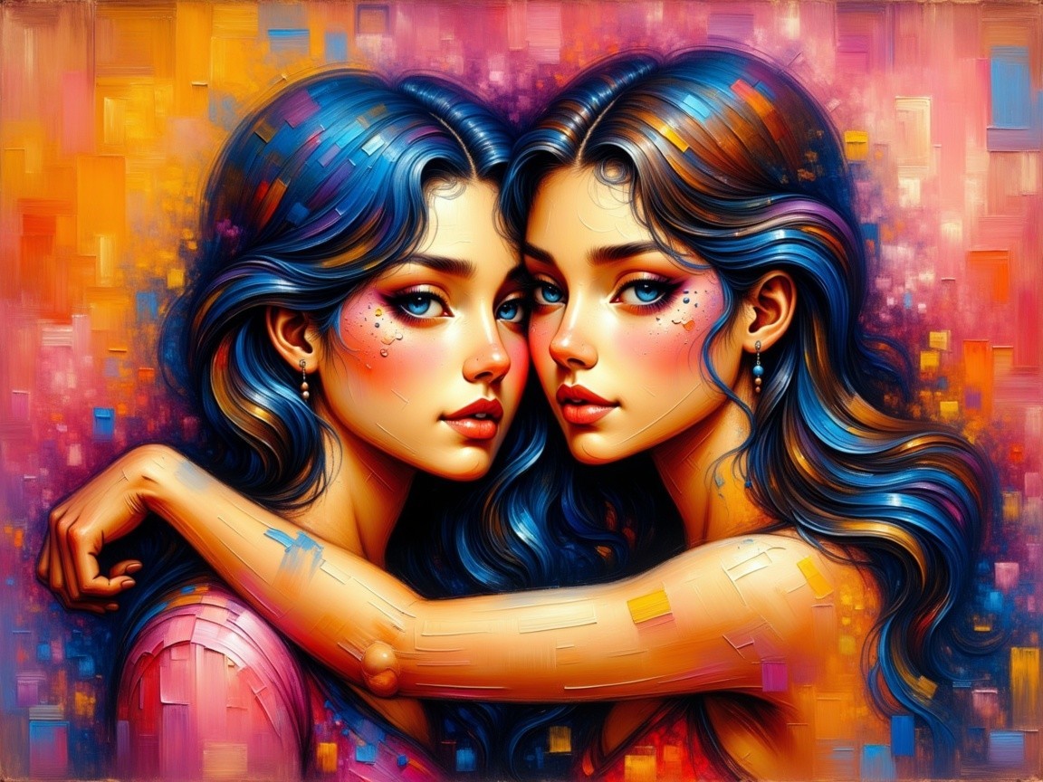 Young Women Embracing in Colorful Abstract Art