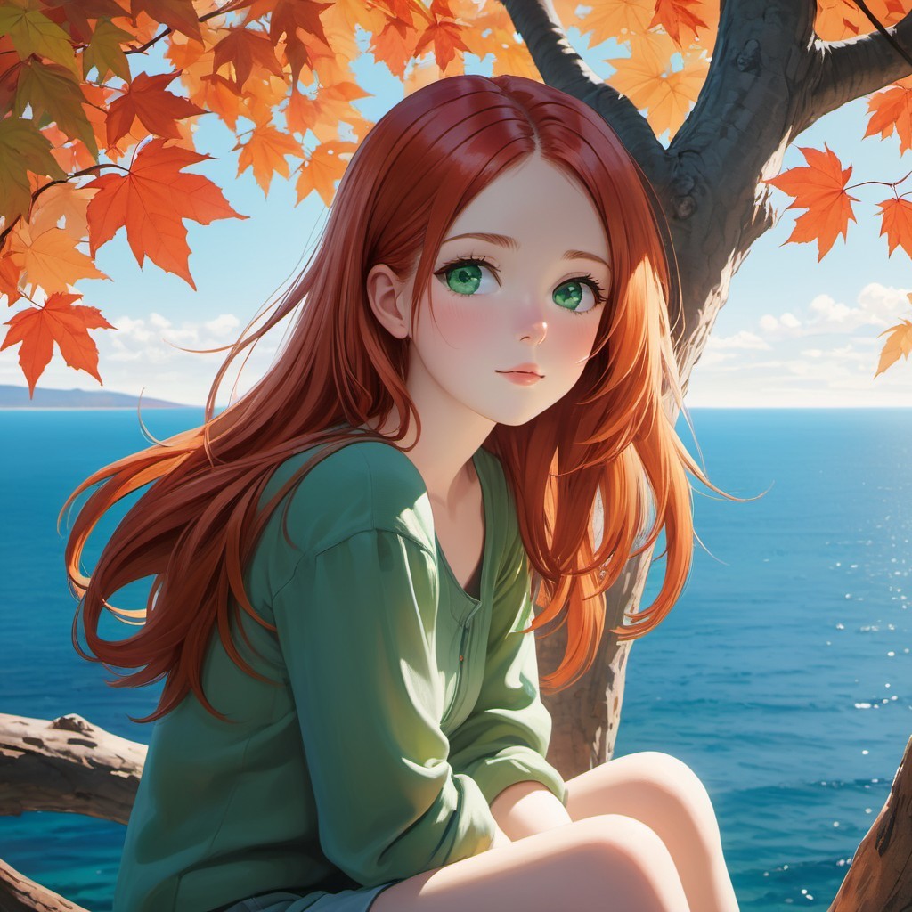 Young girl with red hair in autumn tree setting