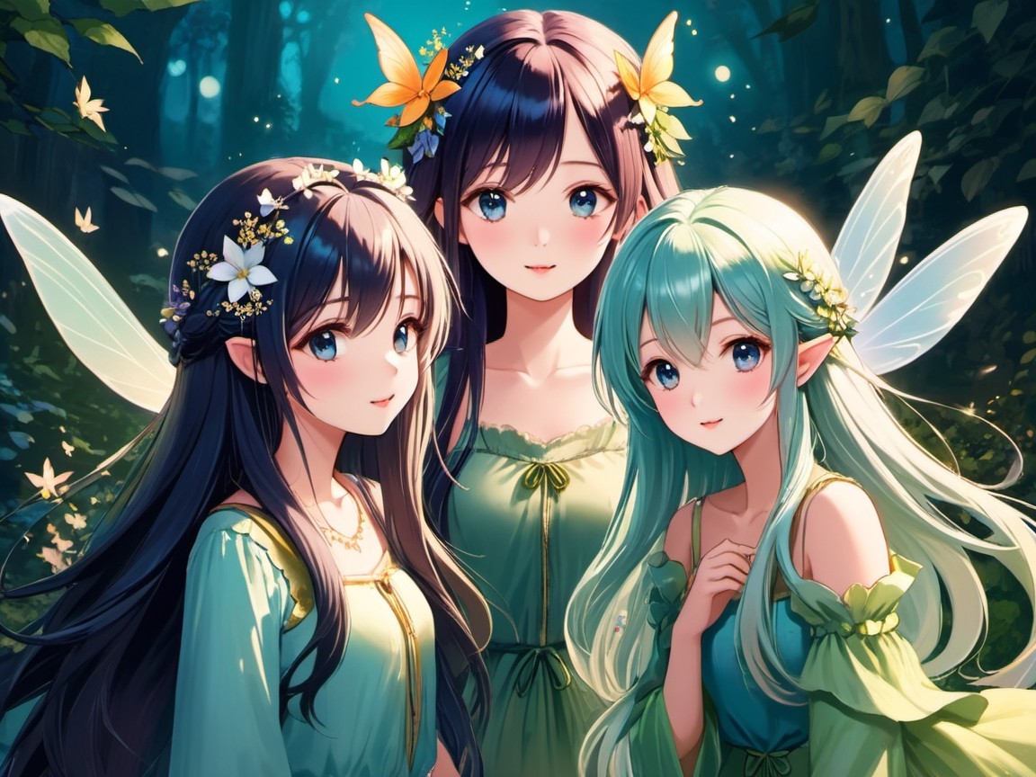 Fairies in a Mystical Forest with Floral Crowns