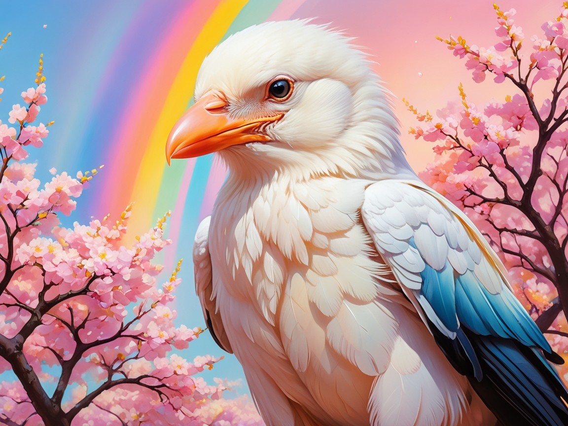 Vivid Bird Amid Cherry Blossoms and Rainbow Sky