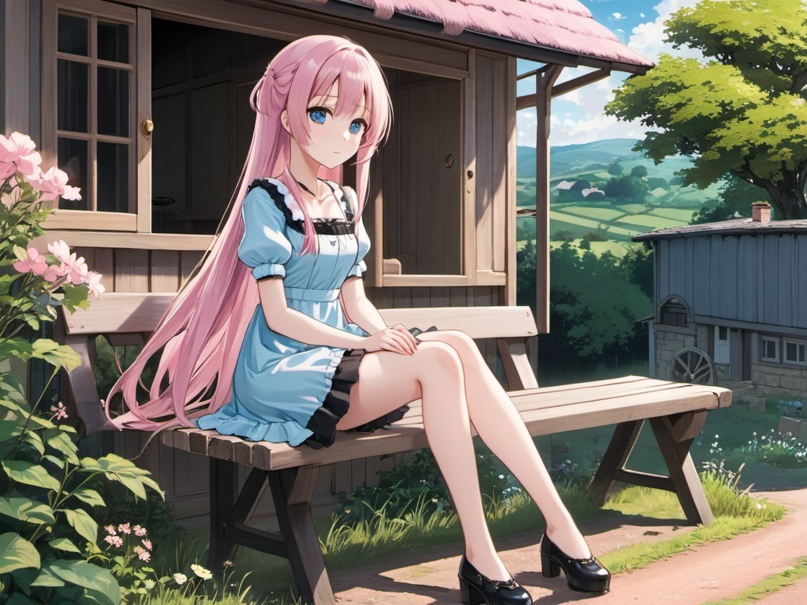 Girl with Pink Hair on Bench by Cottage in Nature