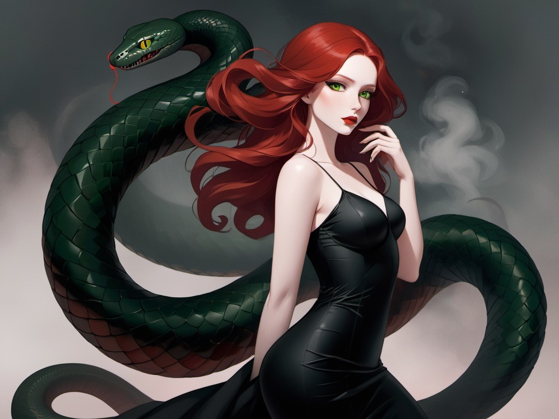 Elegant Woman in Black Dress with Green Serpent
