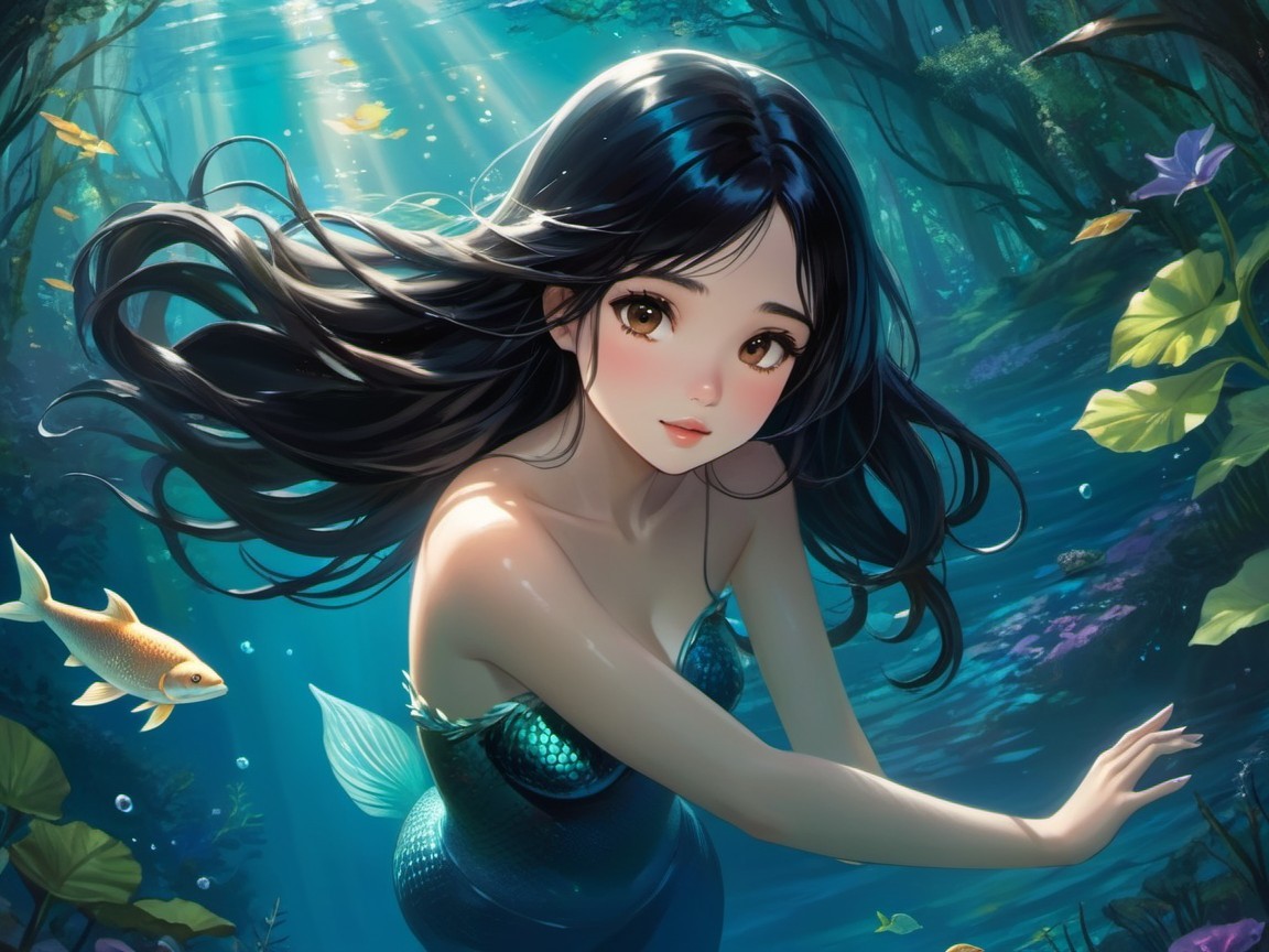 Mermaid with Black Hair in Vibrant Underwater Scene
