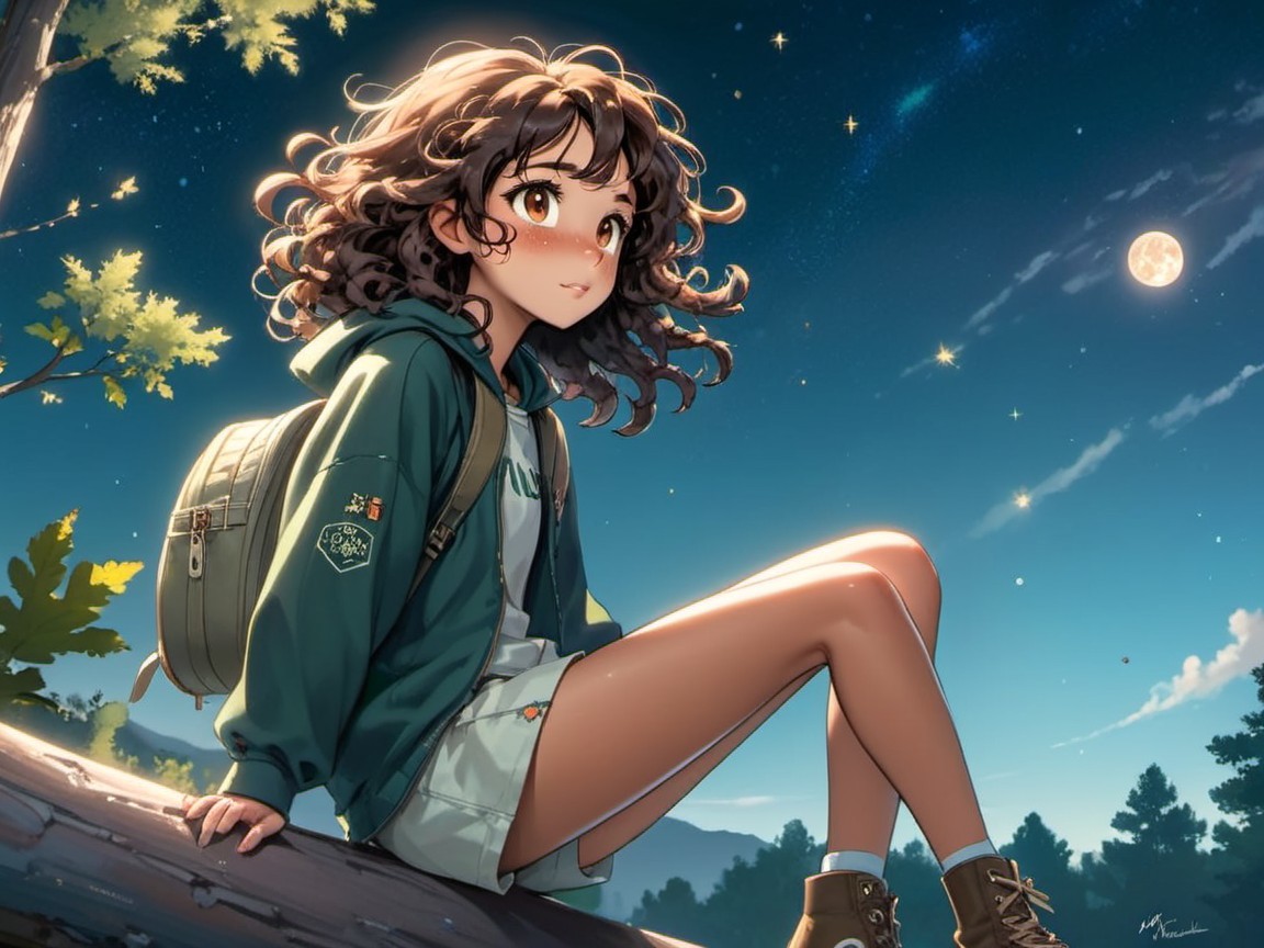 Young girl on tree branch under starry night sky