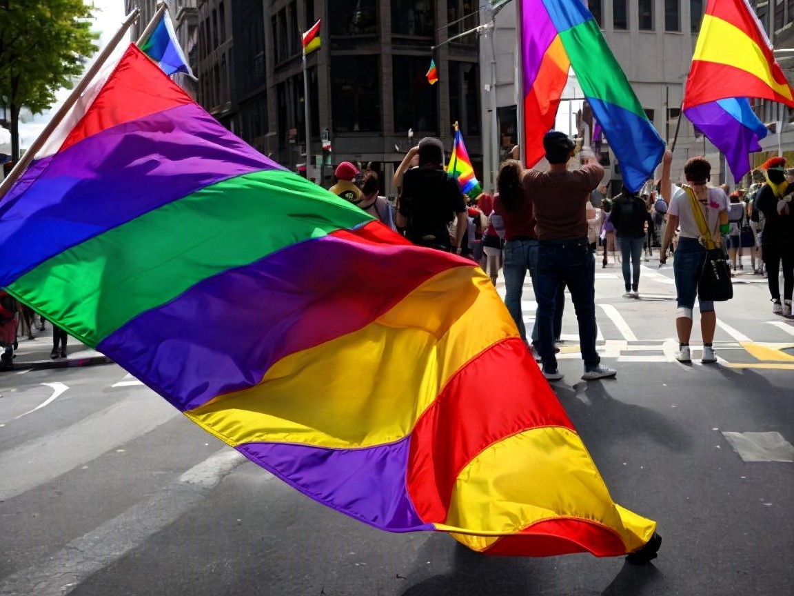 Vibrant Pride Parade Scene with Rainbow Flags and Diversity
