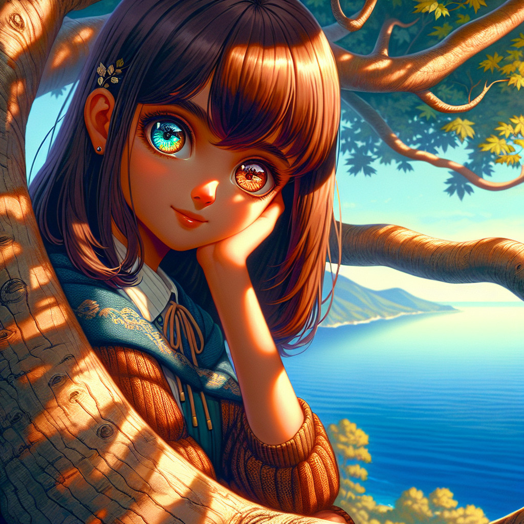 Young girl with mismatched eyes in a tree setting