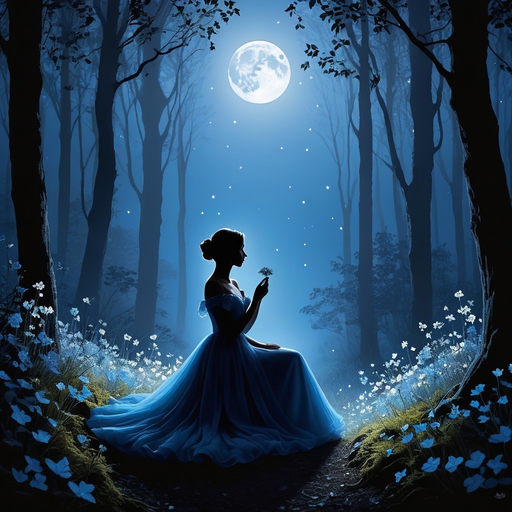Moonlit Forest Scene with Woman in Blue Gown