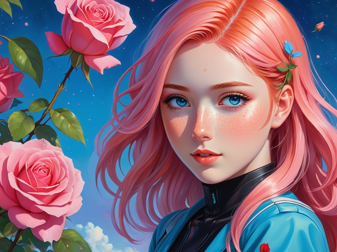 Portrait of a young woman with blue eyes and pink hair