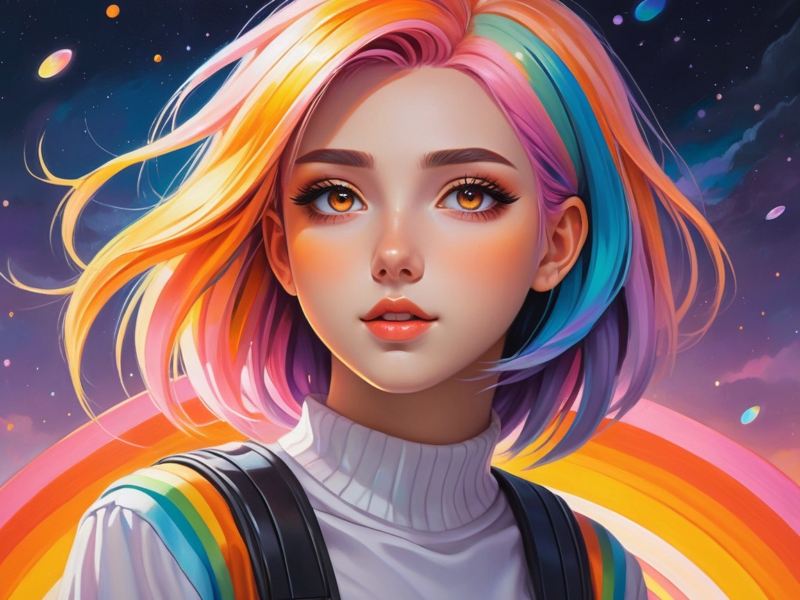 Vibrant Portrait of a Young Woman with Cosmic Background