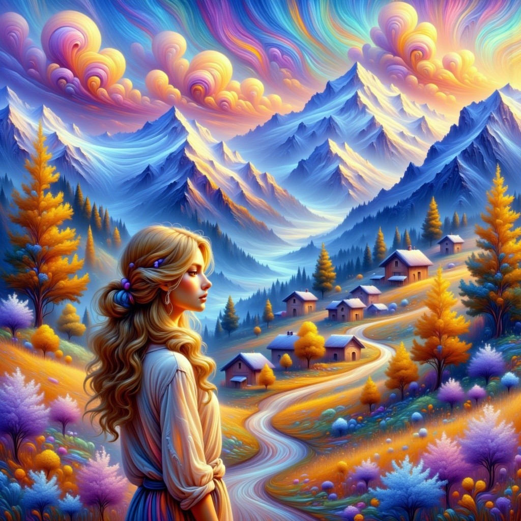 Serene woman in vibrant landscape with mountains and cottages