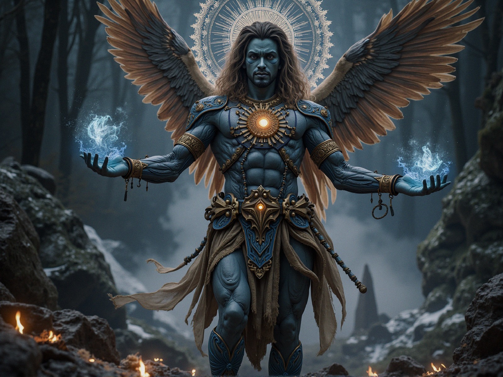 Majestic Winged Figure in Misty Forest Setting