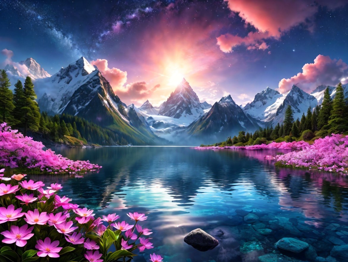 Snow-Capped Mountains and Vibrant Sunset Landscape