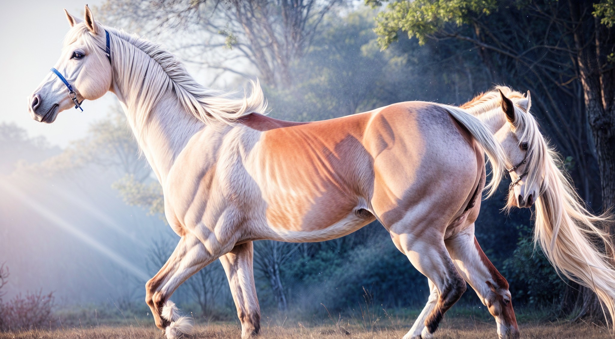 Horses Walking in a Misty Landscape with Sunlight