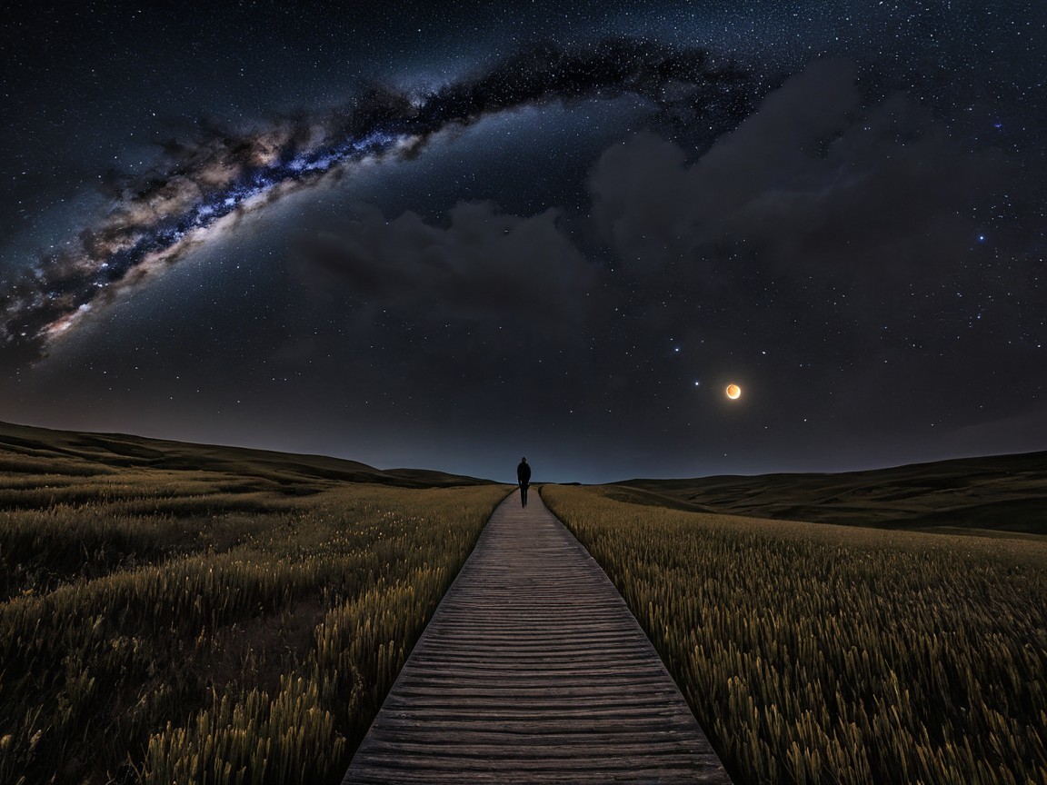 Solitary Figure on Pathway Under Starry Night Sky
