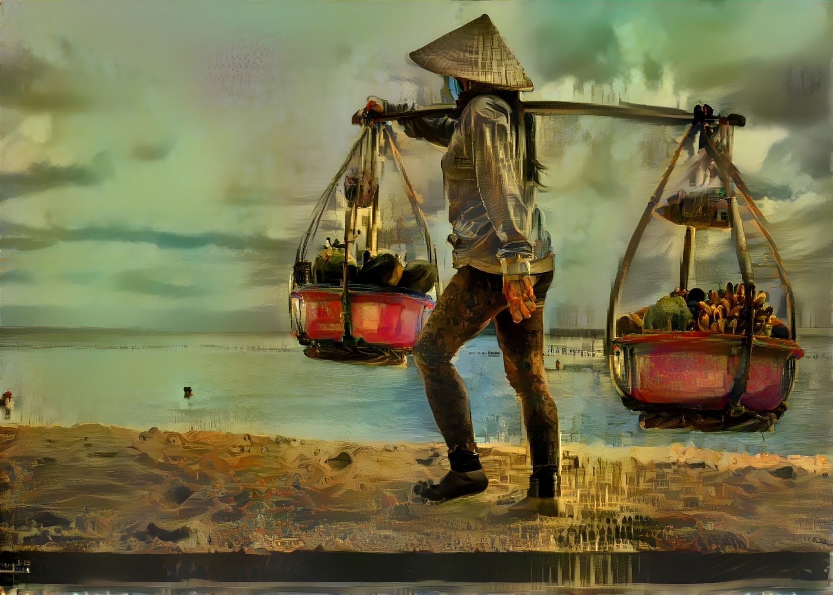 Woman in traditional attire on a sandy beach